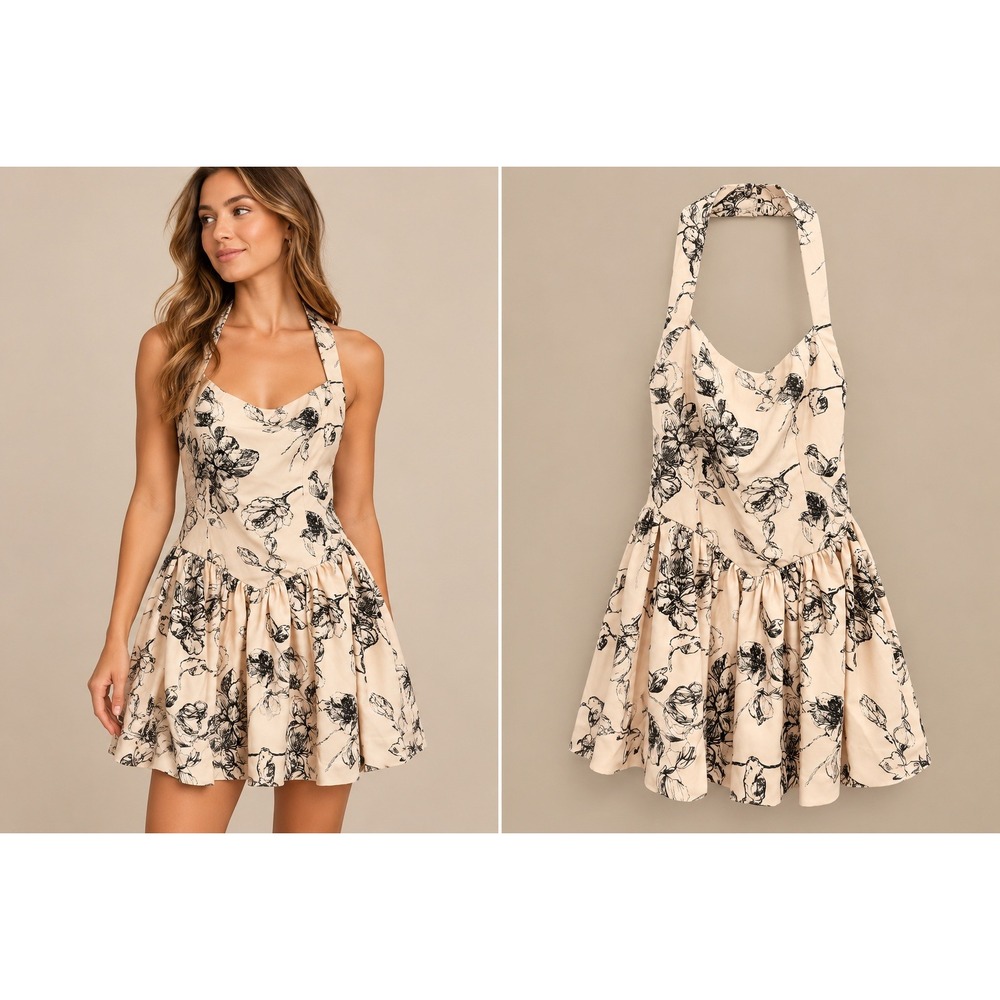 Stylebygg Women Halter Mini Dress L Cream Black Floral Pleated Dropped Waist